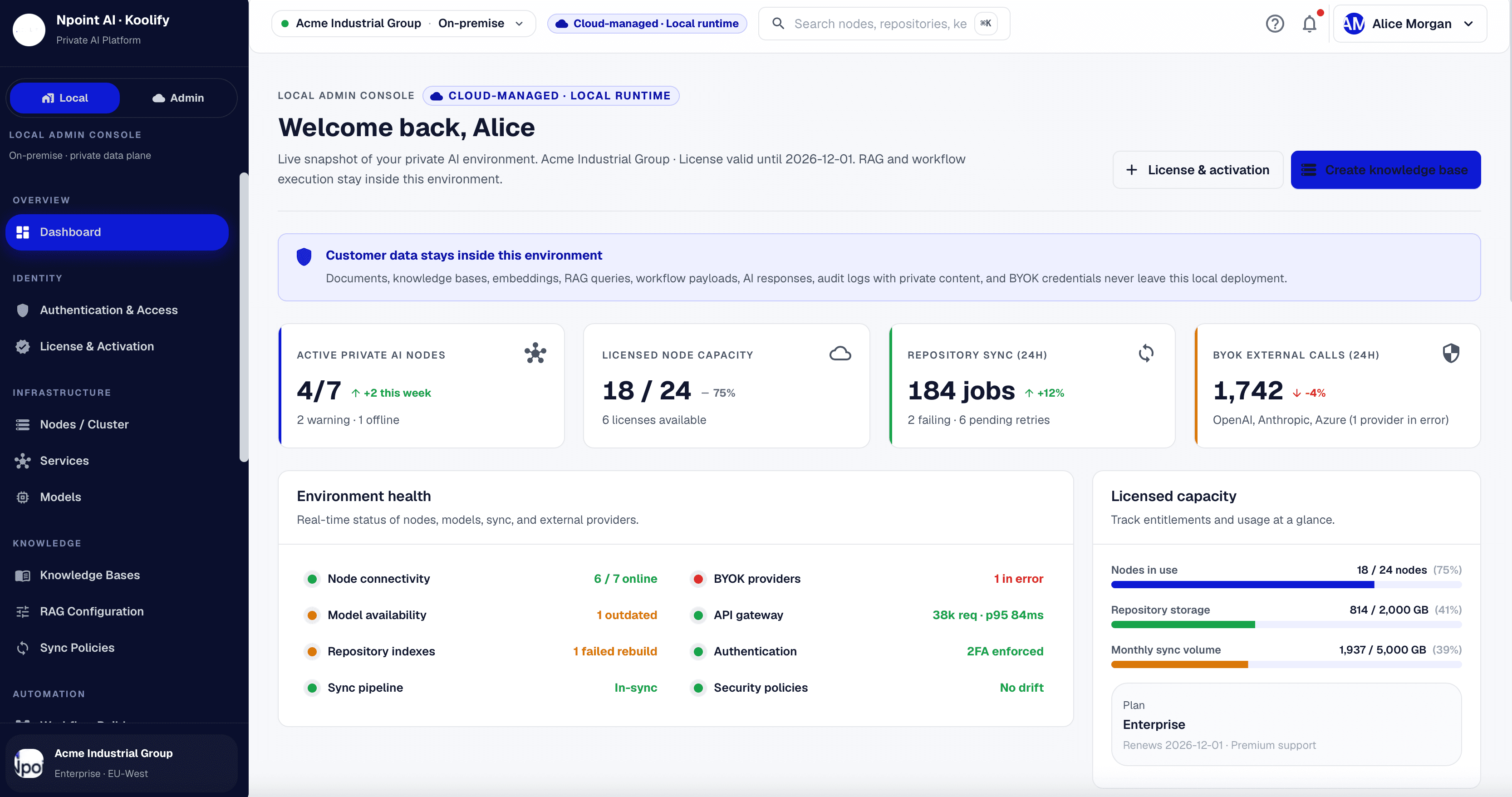 KoolBox dashboard showing AI nodes, services, and system health