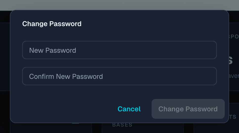 The Change Password dialog with new password and confirmation fields