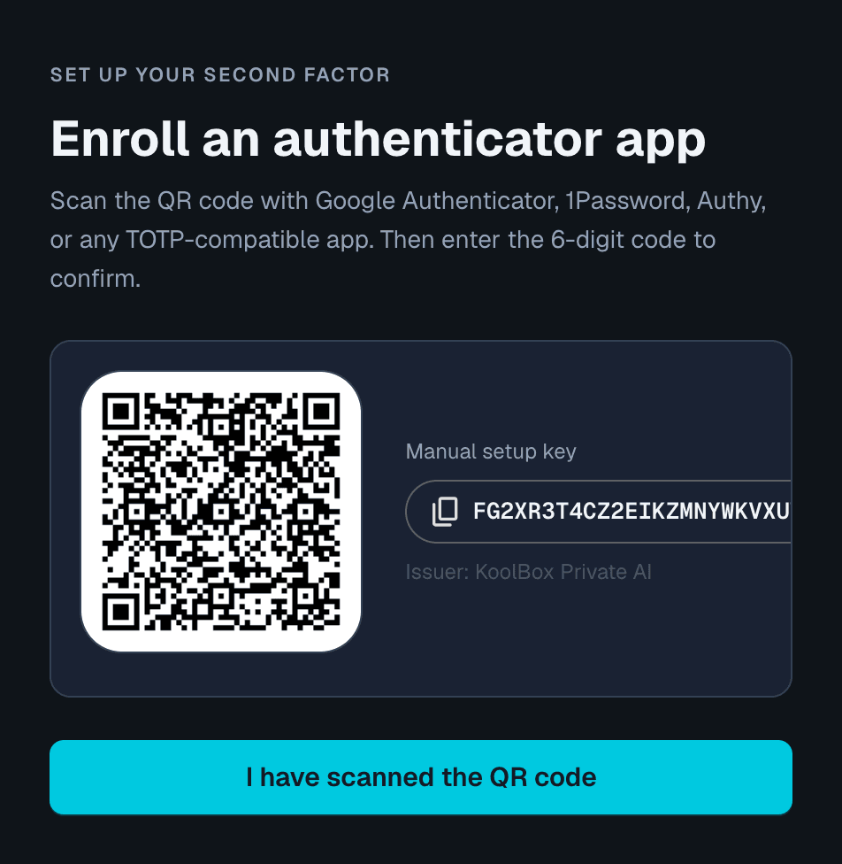 Two-factor authentication setup showing a QR code and a manual setup key