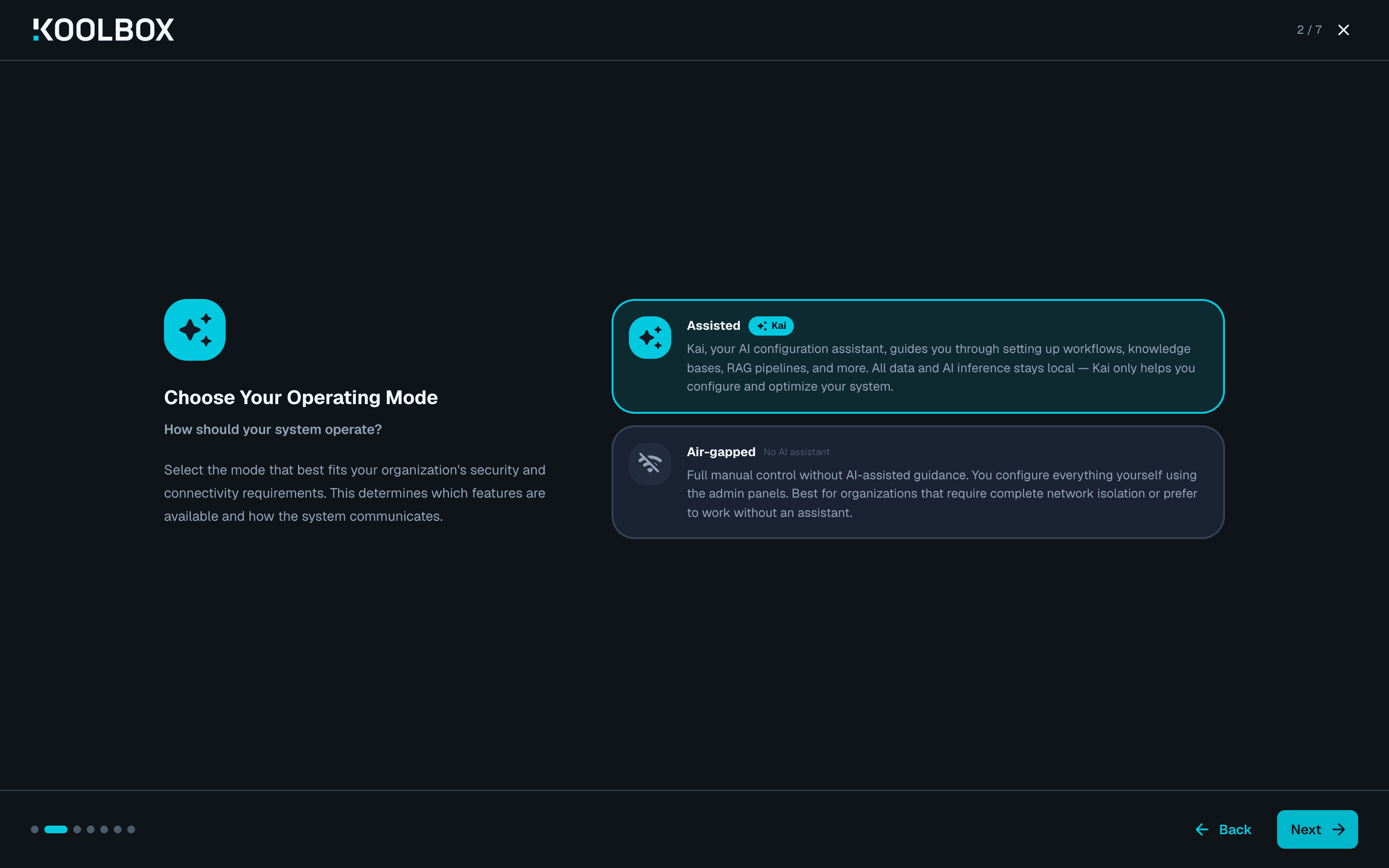 The Choose Your Operating Mode step, offering Assisted and Air-gapped