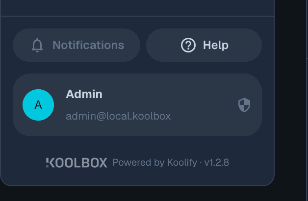 The bottom of the KoolBox sidebar showing the installed version next to Powered by Koolify