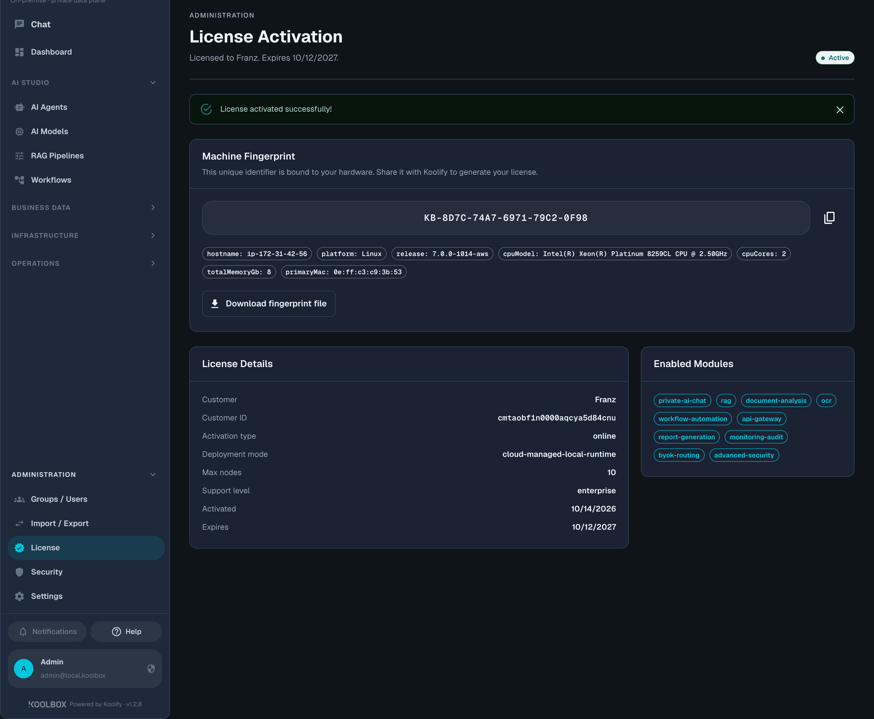 The Administration License page immediately after a successful online activation, showing the Active badge, the success message, the License Details card and the Enabled Modules card