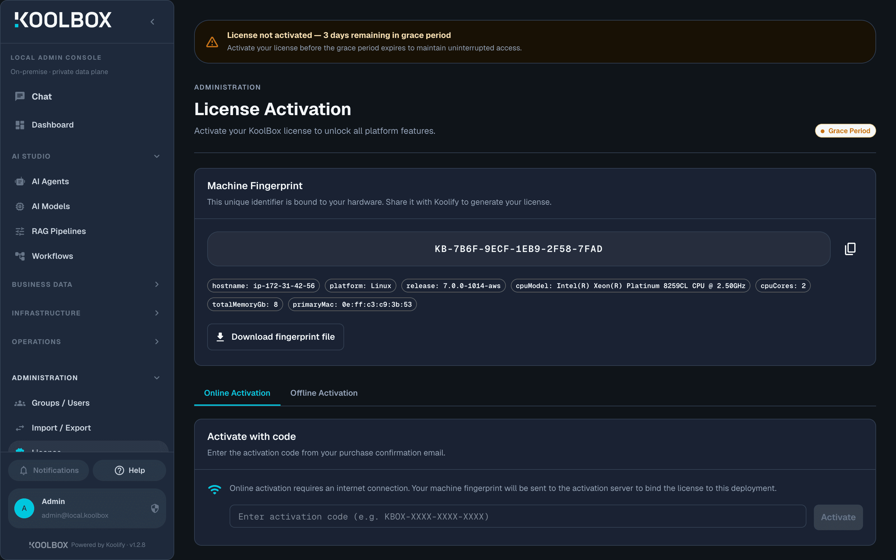 The Administration License page with an orange grace-period banner across the top