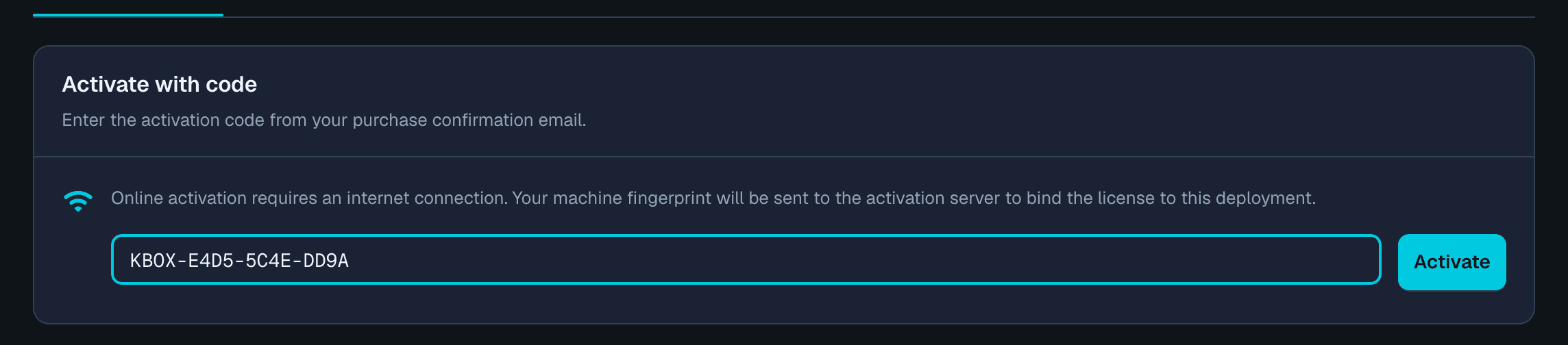The Online Activation tab with a field for the KBOX activation code