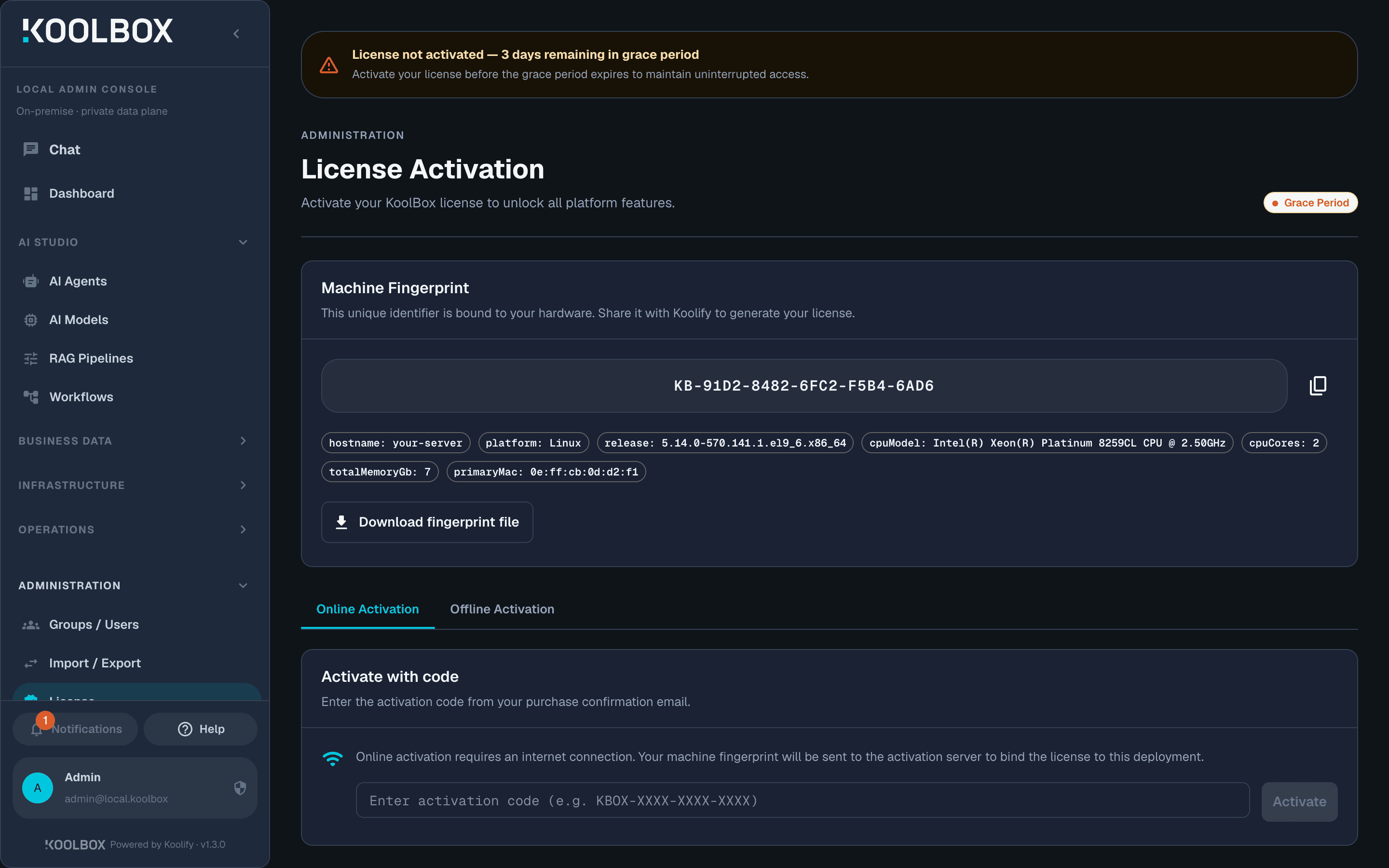 The Administration License page on RHEL 9.6 running 1.3.0, showing the machine fingerprint, host characteristic chips, both activation tabs and the grace-period banner