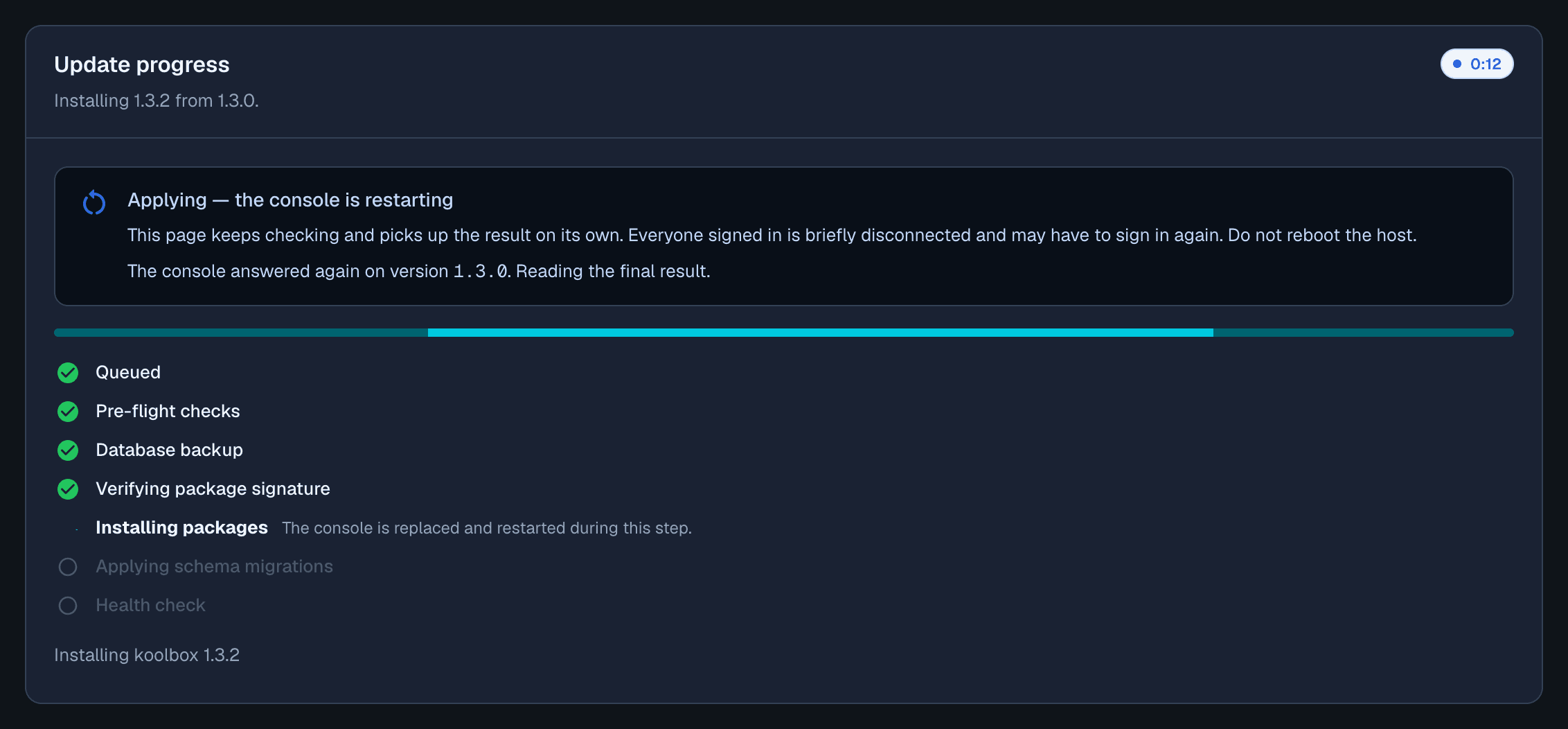 The Update progress card mid-install, with an elapsed timer, the seven-step checklist, and the blue panel explaining that the console is restarting