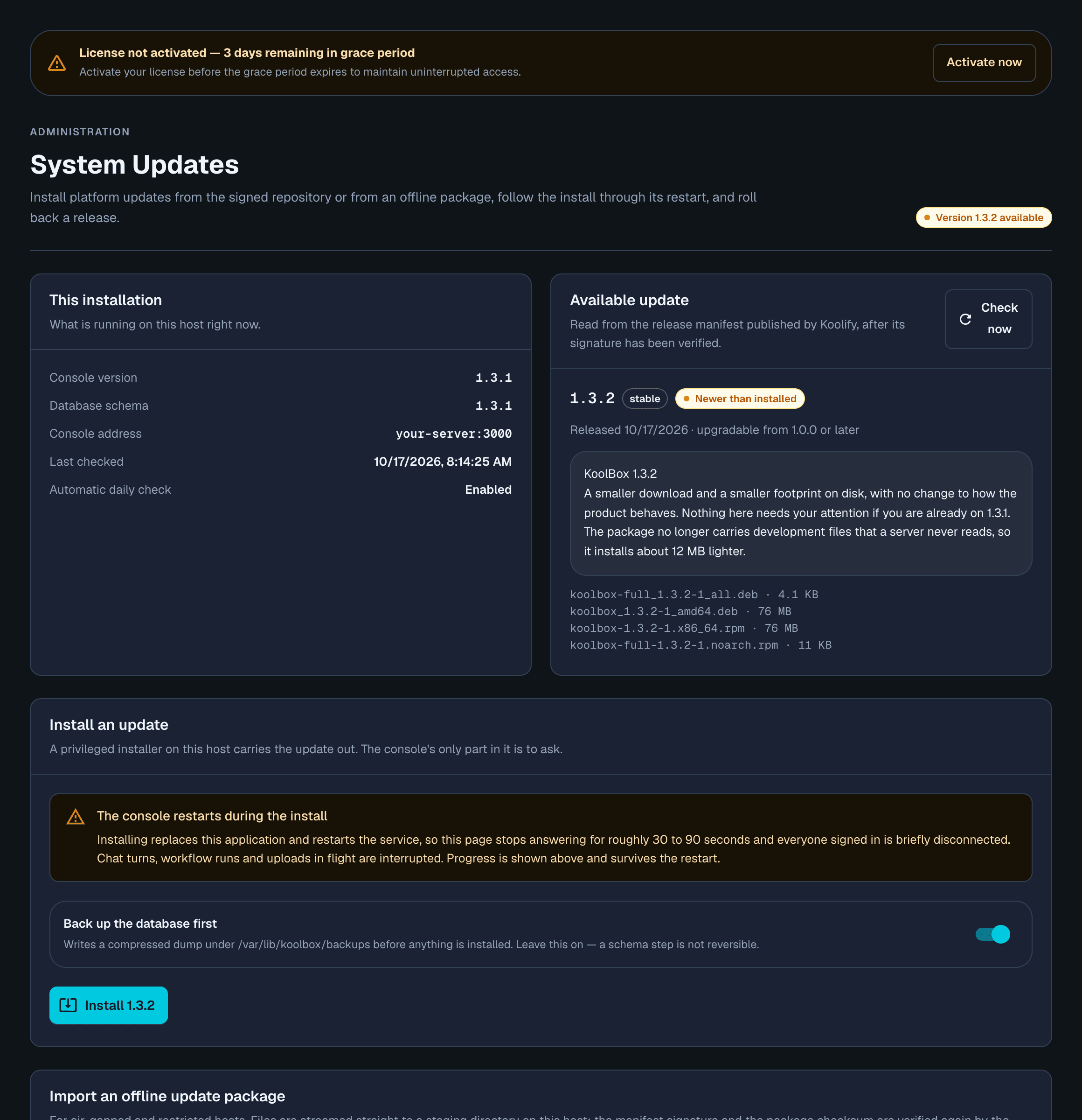 Administration → Updates on a 1.3.1 console with 1.3.2 available, showing the This installation card, the Available update card with release notes and artifacts, and the Install an update card with its backup toggle