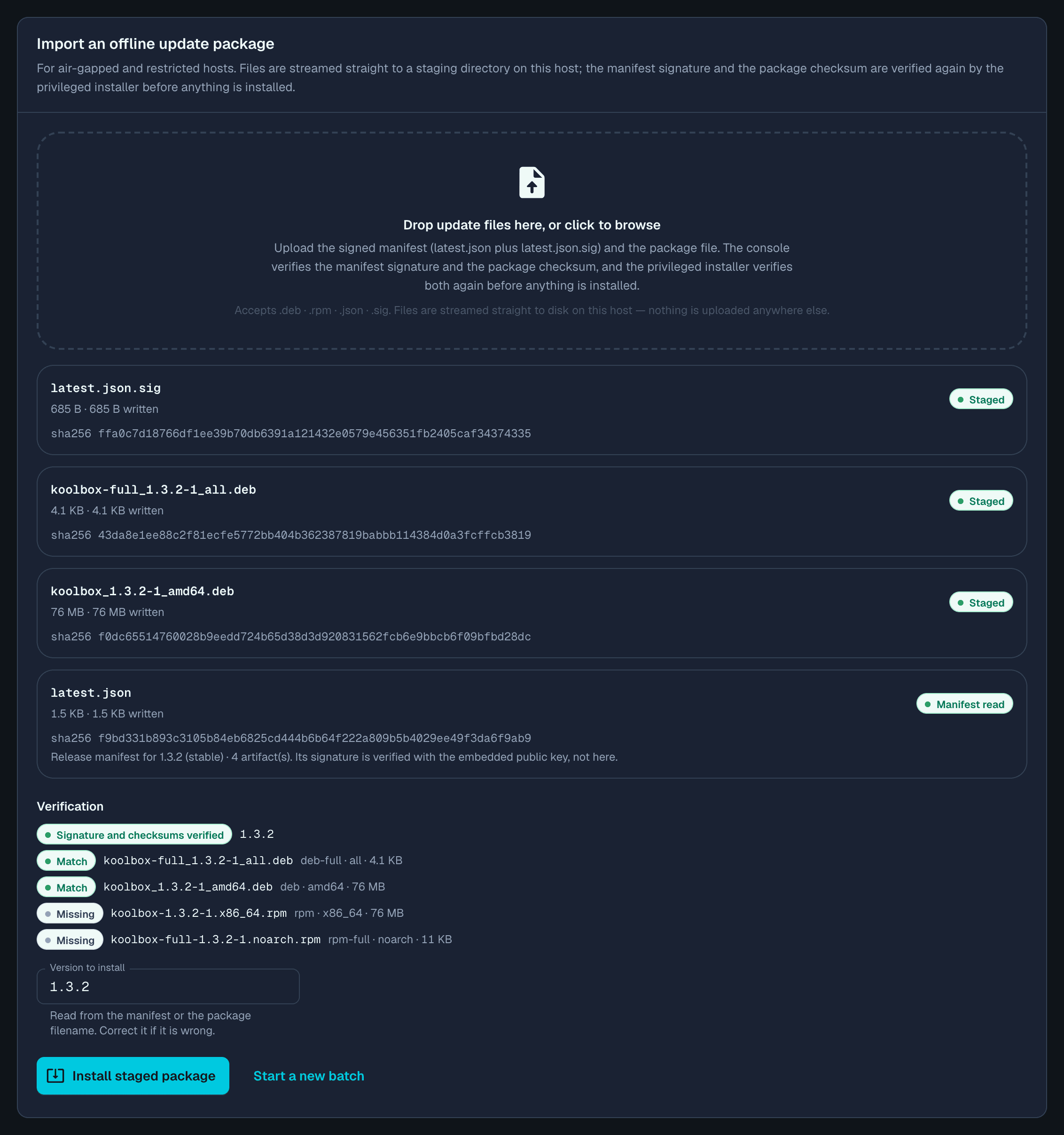 The Import an offline update package card with a complete verified batch: four staged files with checksums, a Signature and checksums verified block, and an enabled Install staged package button